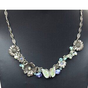 Vintage Mary Demarco Silver Tone Butterfly Flower Necklace Statement Piece 18"